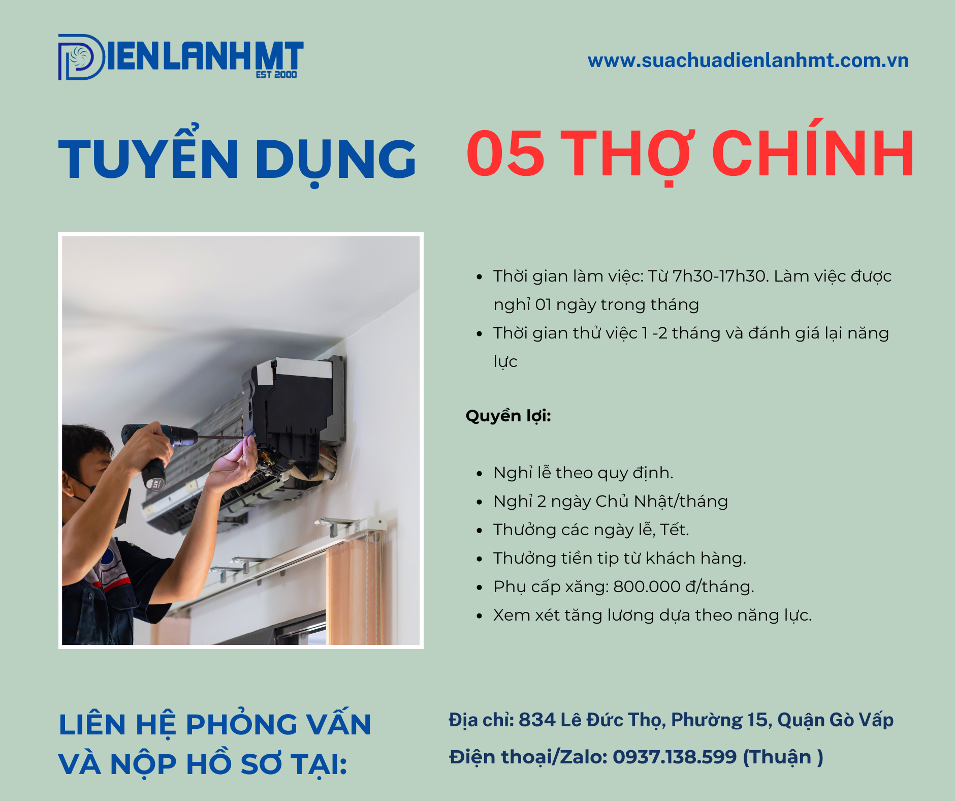 Tuyển thợ chính điện lạnh